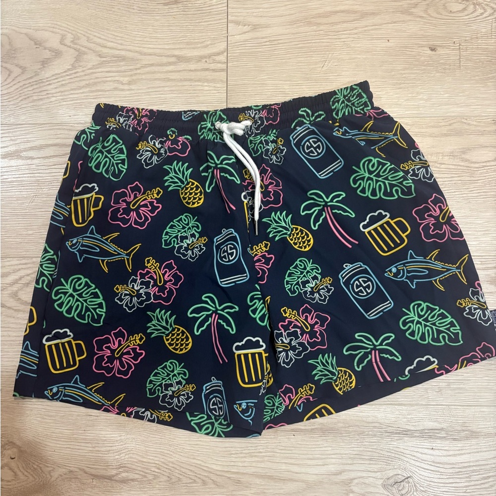 SIMPLY SOUTHERN mens L Navy Tropical Print Swim Shorts  trunks NWOT